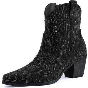⚡Women’s Ankle Rhinestone Black Cowboy Boots Mid Calf Pointed Toe Block Heel